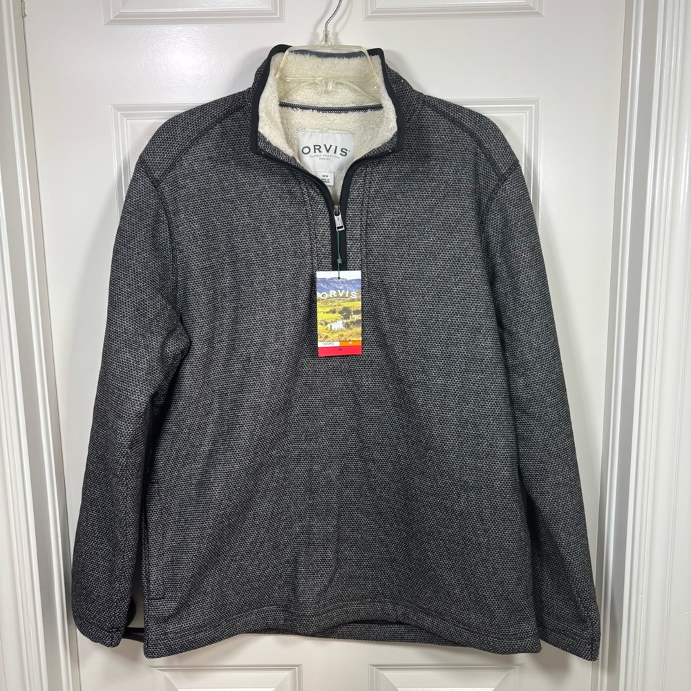 NWT Orvis 1/4 Zip Fleece Lined Pullover Men’s M Black Gray